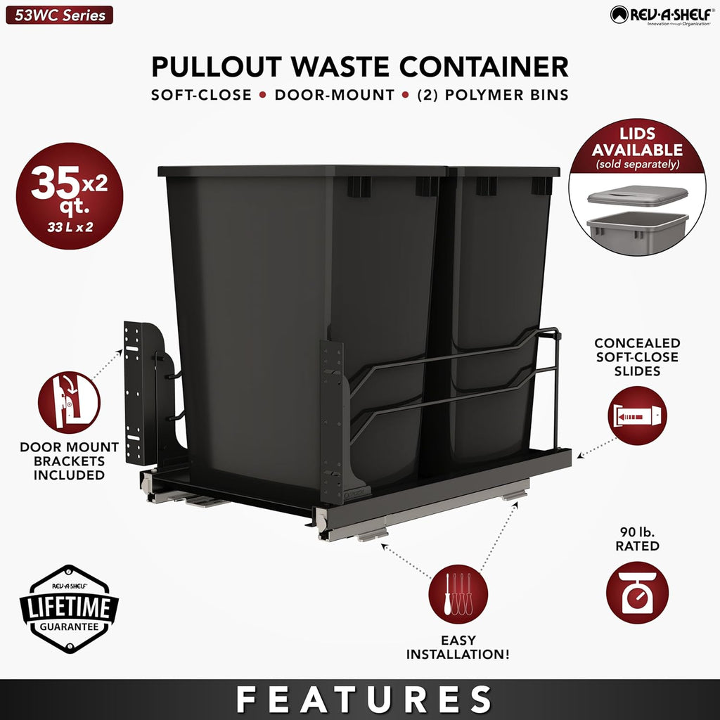 Rev-A-Shelf Steel Double Pullout Waste Container with Soft-Close, 35 Quart, Black - Sliding Garbage Bin System with Dual Trash Can for 18" Home Kitchen Base Cabinet, 53WC-1835SCDM-218