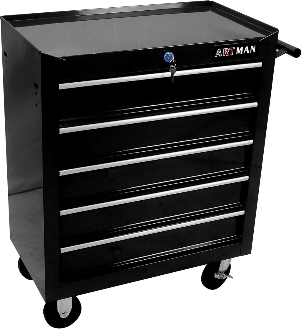 5-Drawer Rolling Tool Chest Cabinet, Large Capacity Metal Tool Box with Wheels and Keyed Locking, Roll Around Storage Organizer Tool Cart for Garage, Warehouse, Work Shop (Black07)