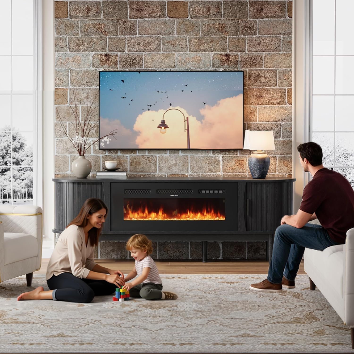 70″ Fluted Fireplace TV Stand for 80″ TVs, Remote & Touch Control, Adjustable Flame Colors & Temperature Entertainment Center with Storage, Modern Media TV Console Table for Living Room (Black)