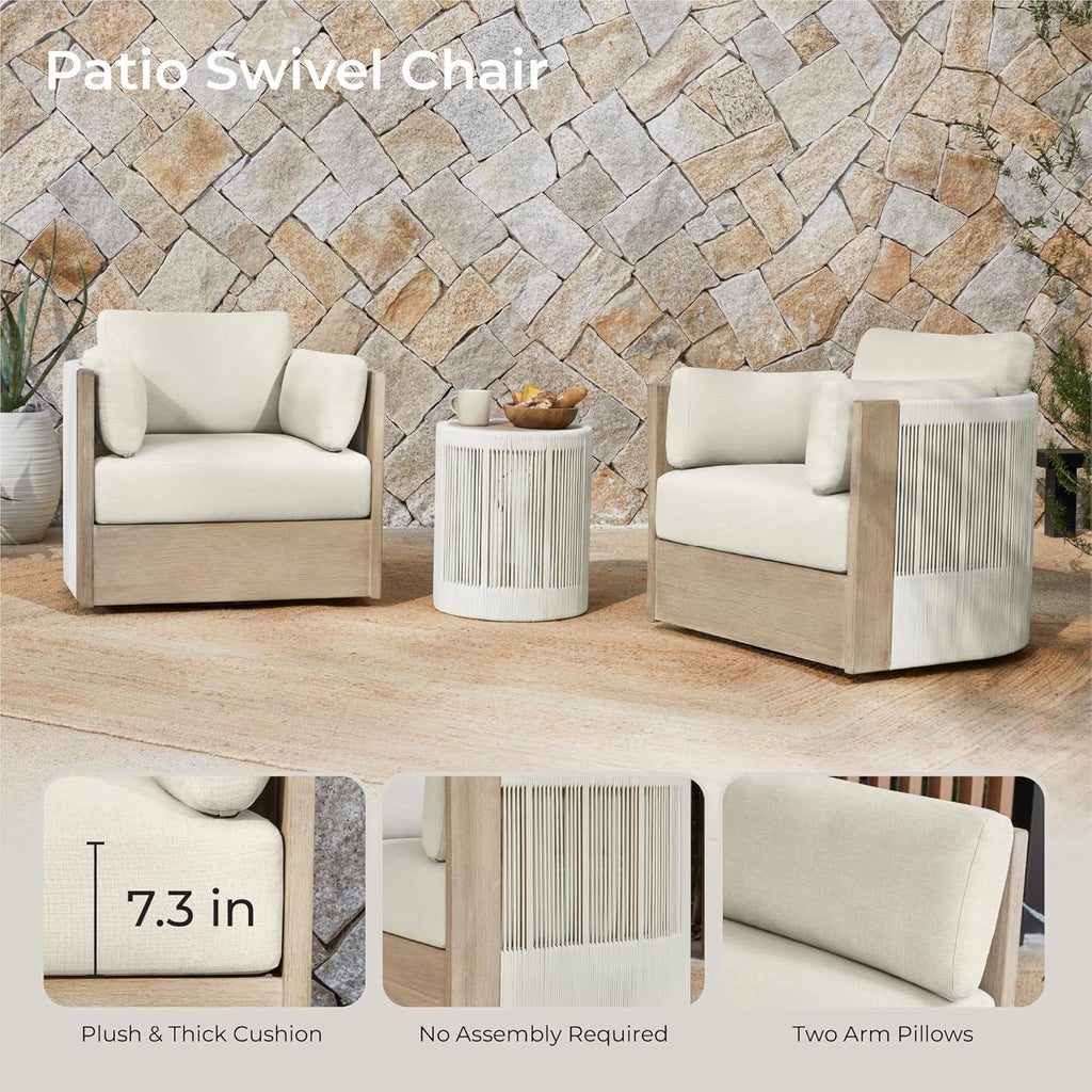 CHITA 3 Pieces Boho Patio Rattan Bistro Set, Outdoor Wicker Furniture Swivel Chairs & Side Table Set with 2 Arm Pillows, Acacia Wood Frame, Fully Assembled(Cream)