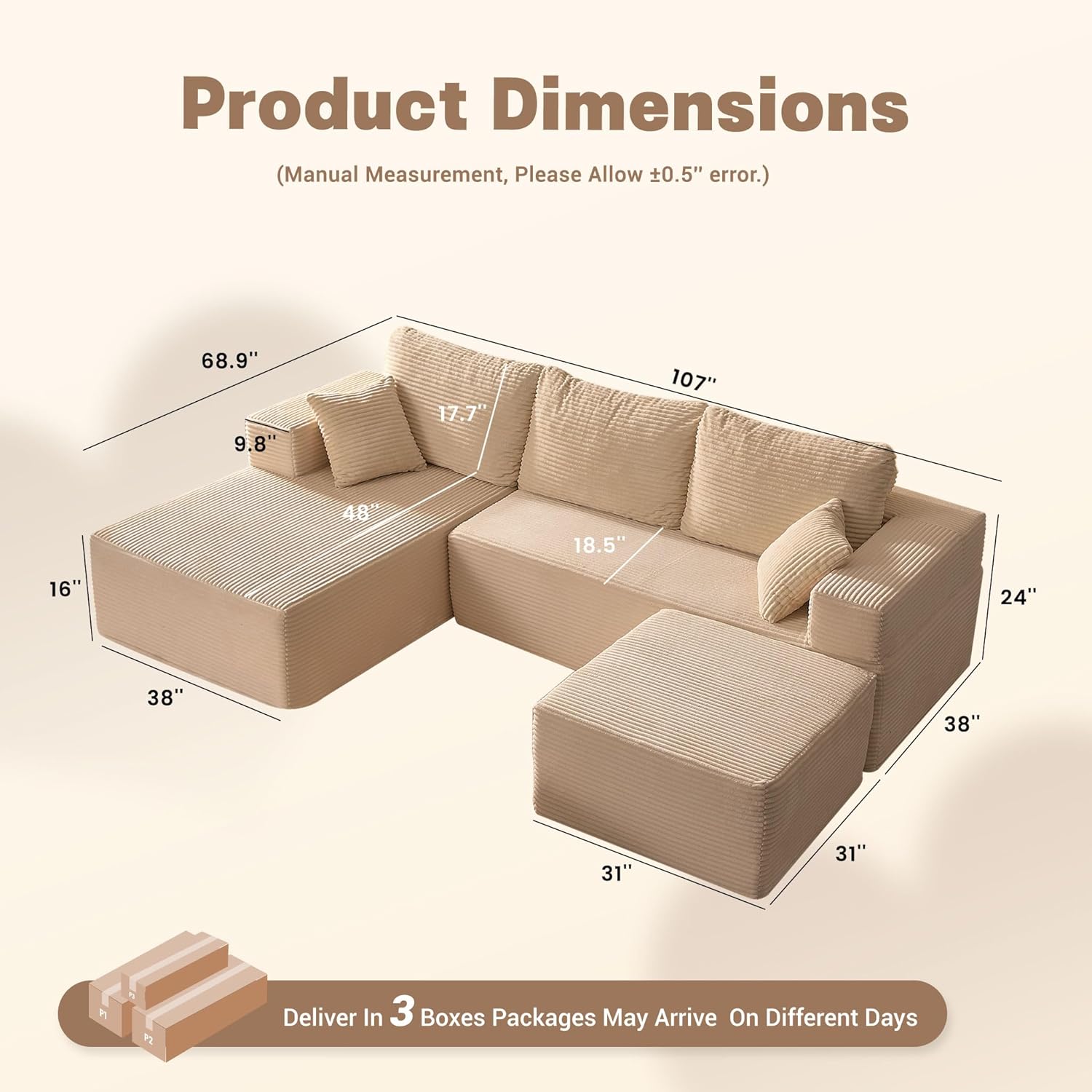 107" Boneless Couch with Deep Seat, Set of Modular Sectional Sofa, Cloud Sectional Couch for Living Room, No Assembly Required, Corduroy, U-Shape 3 Seater Left, Camel
