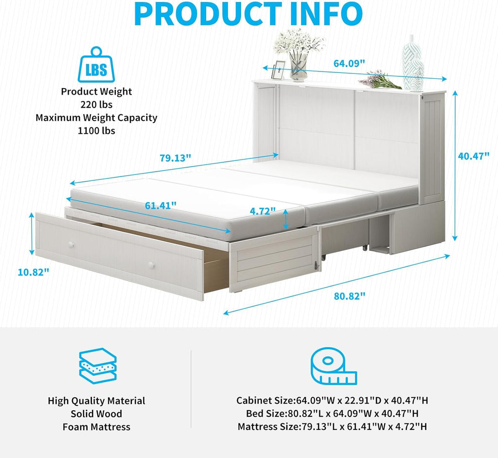 Mjkone Murphy Bed Queen Cabinet, Cube Cabinet Bed with Tri-Folding Mattress, Foldable Panel, Hidden Murphy Chest Beds with 2 Storage Drawers & USB Charging Station for Living Room Office, White