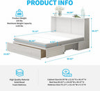 Mjkone Murphy Bed Queen Cabinet, Cube Cabinet Bed with Tri-Folding Mattress, Foldable Panel, Hidden Murphy Chest Beds with 2 Storage Drawers & USB Charging Station for Living Room Office, White
