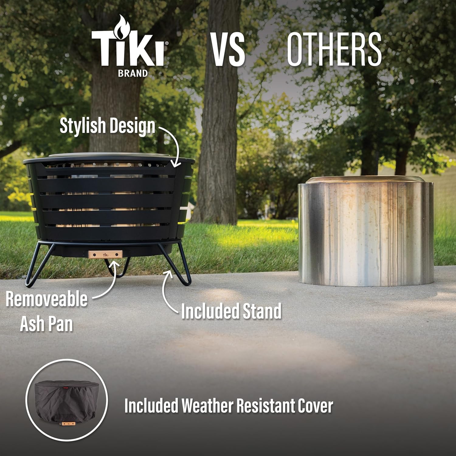 TIKI Patio Smokeless Outdoor Fire Pit  25-Inch Wood-Burning Bonfire with Removable Ash Pan  Stand  and Weather-Resistant Cover