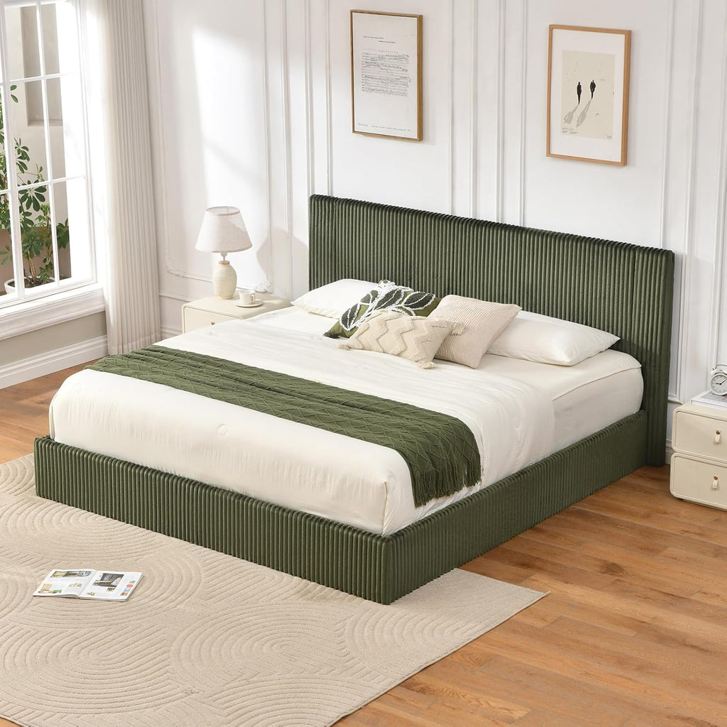 YUHUASHI King Size Storage Bed Frame, Vertical Striped headboard with Delicate Velvet Fabric, Hydraulic Lift for Storage, no Box Spring Needed, no Noise (Green, King (U.S. Standard))