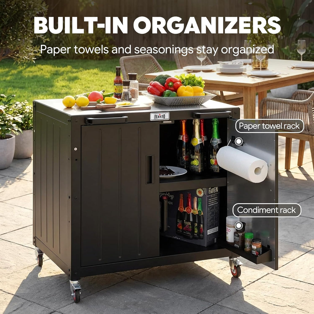 Outdoor Grill Cart with Storage Cabinet and Stainless Steel Top  35-Inch Outdoor Grill Station with Door  Modular Kitchen Island for Food Prep and BBQ  Black & Silver