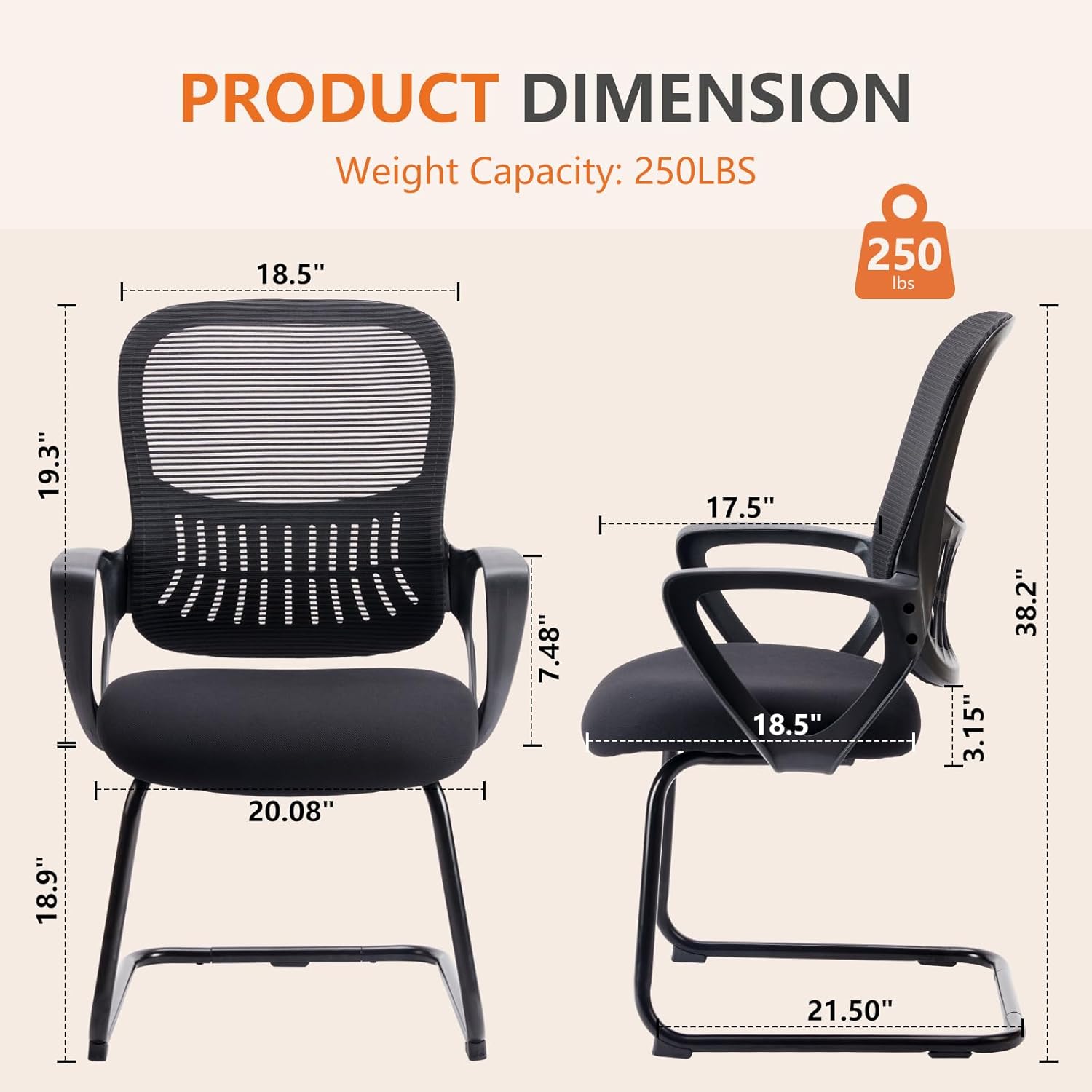 Sweetcrispy Reception Chair No Wheels, Stationary Non Rolling Mesh Mid Back Computer Guest Side with Lumbar Support for Waiting Area Reception Conference Room, Set of 2, Modern Black