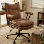 Brown Office Chair with Triple-Layers Thicken Wide Seat, Mid Back Leather Desk Chair with Wheels and Arms, Mid-Century Modern Computer Chair for Home Office