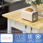 47.3" Solid Rubberwood Kitchen Island with Power Outlets - Extra Large Work Surface, 2 Drawers & Open Shelves Storage Cabinet for Kitchen Dining Room, Farmhouse Style (White)