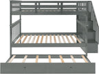 Bellemave Full Over Full Bunk Beds with Stairs and Trundle Wood Bunk Bed Frame with Staircase and Storage Shelves for Kids Teens Adult, Detachable Stairway Bunkbed for Boys Girls, Gray