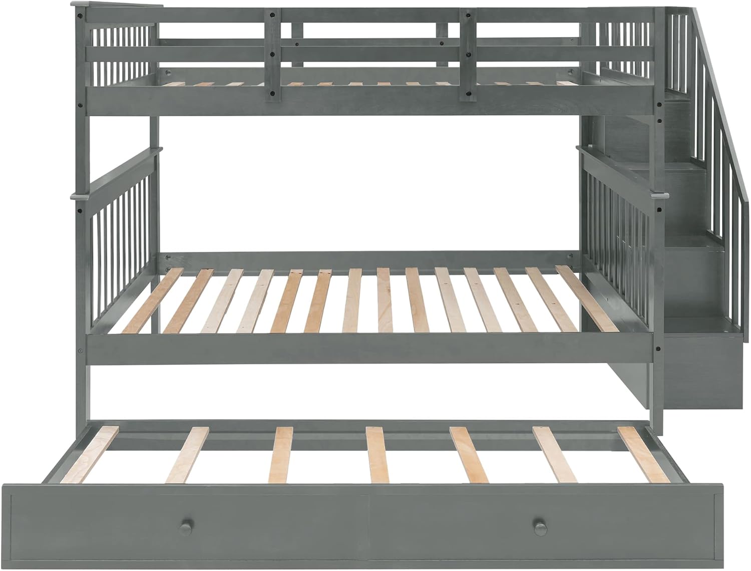 Bellemave Full Over Full Bunk Beds with Stairs and Trundle Wood Bunk Bed Frame with Staircase and Storage Shelves for Kids Teens Adult, Detachable Stairway Bunkbed for Boys Girls, Gray