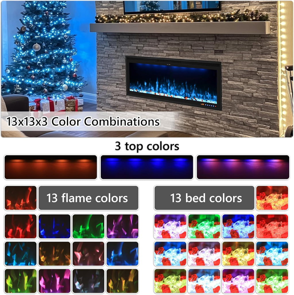 Valuxhome 60inch Recessed Electric Fireplace, Ultra Narrow Frame Design, 13 Flame Colors, 400 Sq.ft, 750/1500W