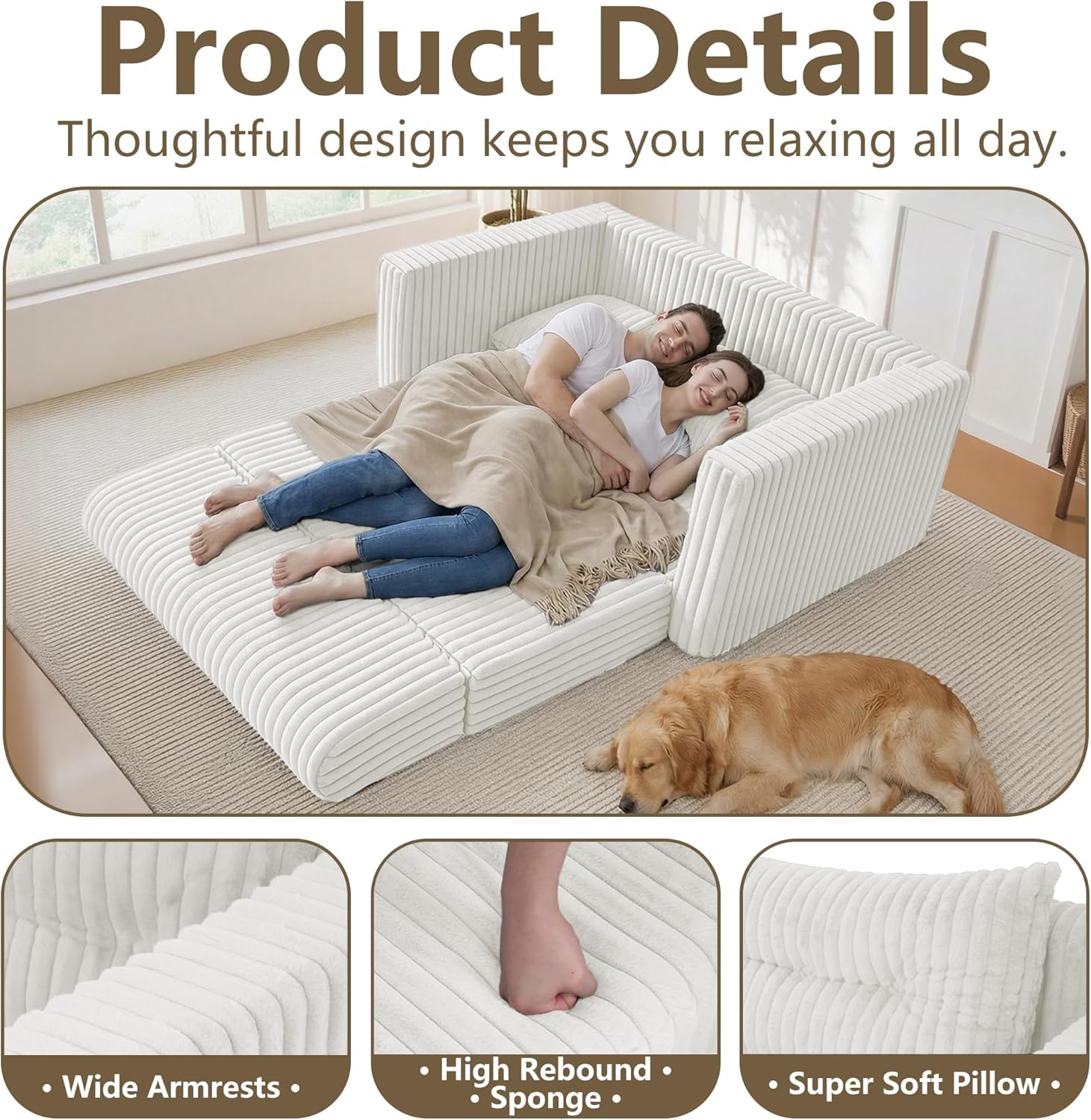 HABUTWAY Folding Sofa Bed, 2 in 1 Convertible Sleeper Chair with Pillow, Portable Fold Out Chair Bed with Armrest, Comfy Floor Couch, Lazy Sofa for Living Room Bedroom Dorm Home Office, Beige