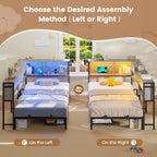 Hasuit Corner Bed Frame Twin with 2 Drawers and Storage Bookcase, Daybed with Charging Station and LED Lights, Metal Platform Bed with Bookshleves,Twin Size Bed Frame for Kids Teens Guests, Oak Gray