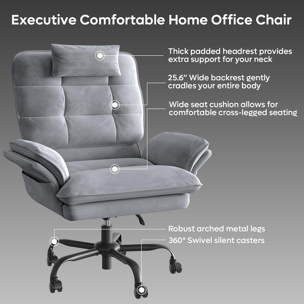 Bestier Criss Cross Chair with Flip-Up Armrests and Headrest, 135° Reclining Swivel Executive Chair with Side Pockets, Big and Tall Computer Desk Chair for Home Office Bedroom, Grey Velvet
