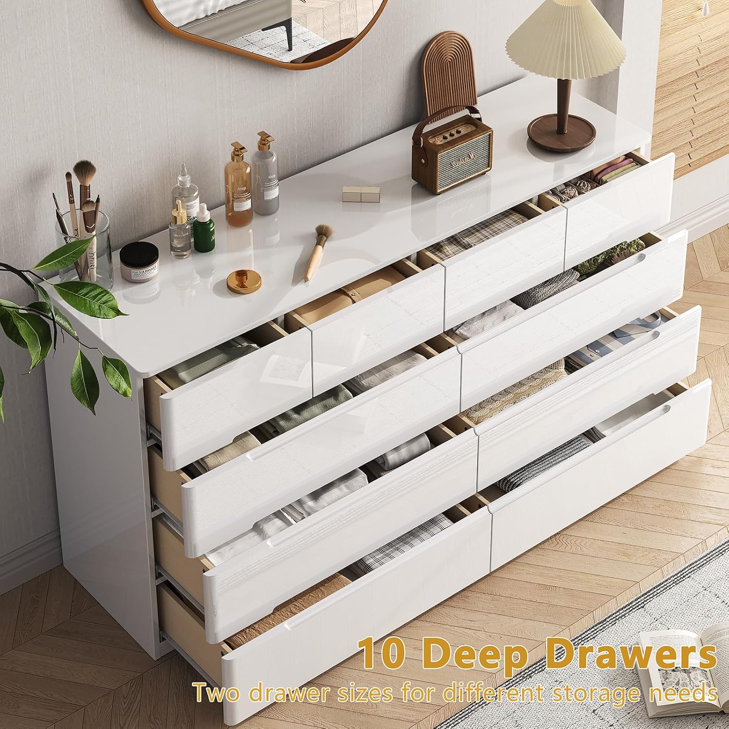 10 Drawer White Dresser for Bedroom, 55" Long Dresser Chest of Drawers, Large High Gloss Modern Storage Cabinet with Big Drawers Handle Free, Living Room, Entryway, Hallway