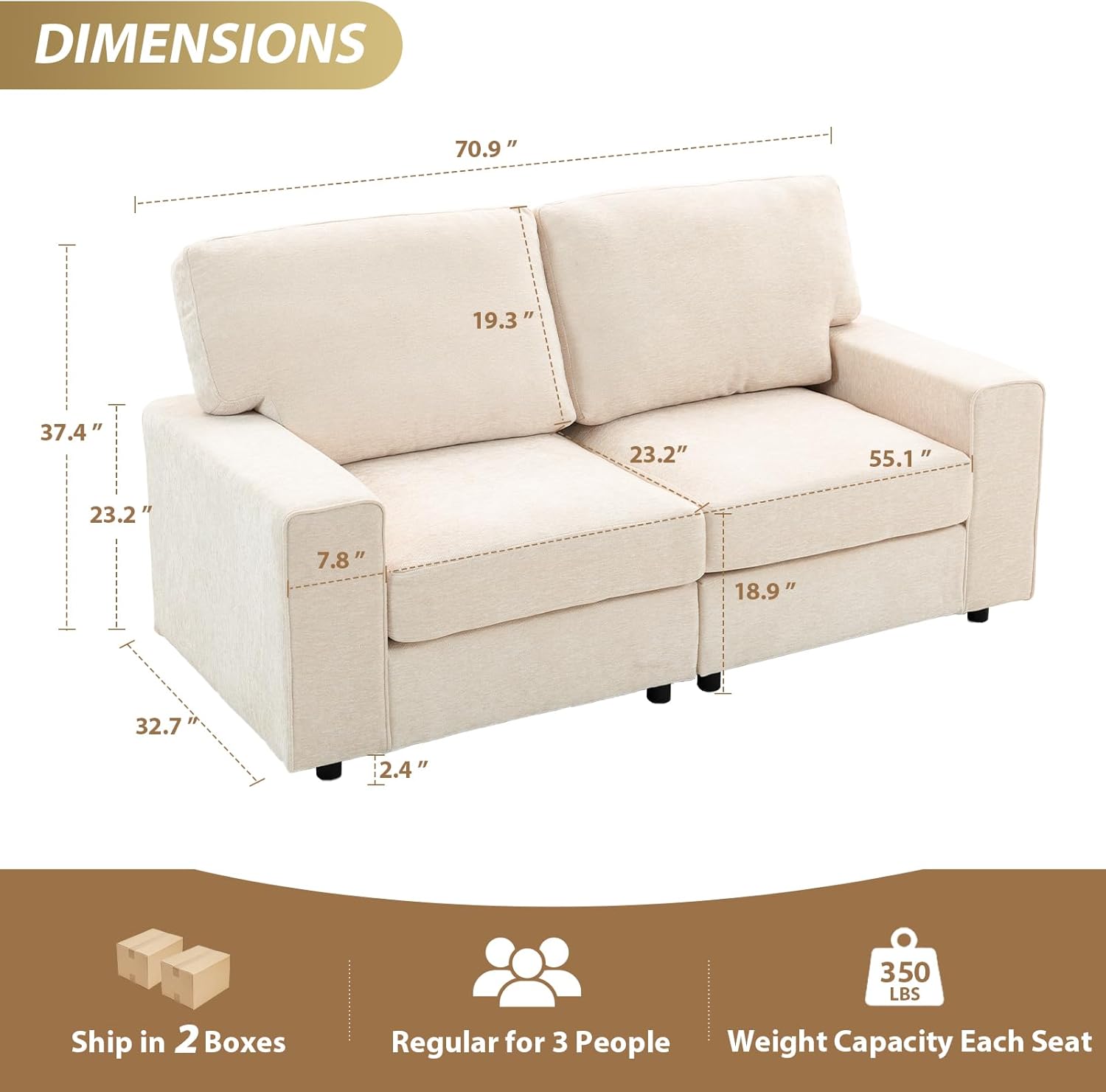 71" Modular Sofa Couch, Comfy Chenille Loveseat Sofa, Modern Recliner Couch with Deep Seats and Wide Armrests for Living Room(Beige)