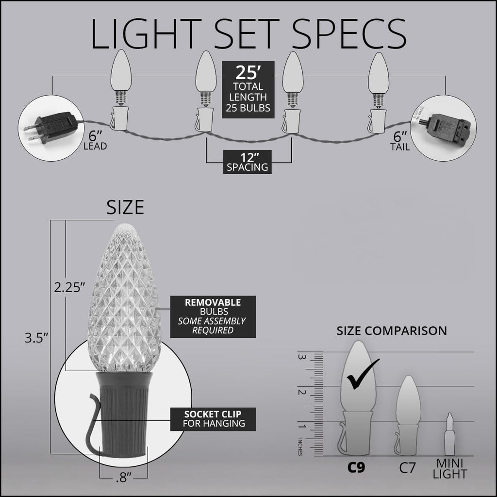 Wintergreen Lighting 25 C9 OptiCore LED Commercial Outdoor Christmas Lights – Heavy Duty Christmas String Lights; Green Wire (25 ft, Warm White)