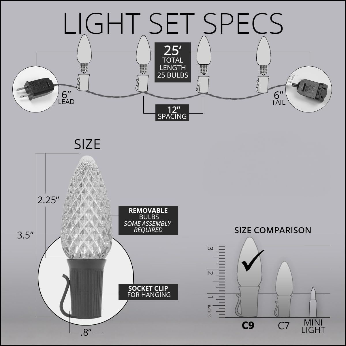 Wintergreen Lighting 25 C9 OptiCore LED Commercial Outdoor Christmas Lights – Heavy Duty Christmas String Lights; Green Wire (25 ft, Warm White)