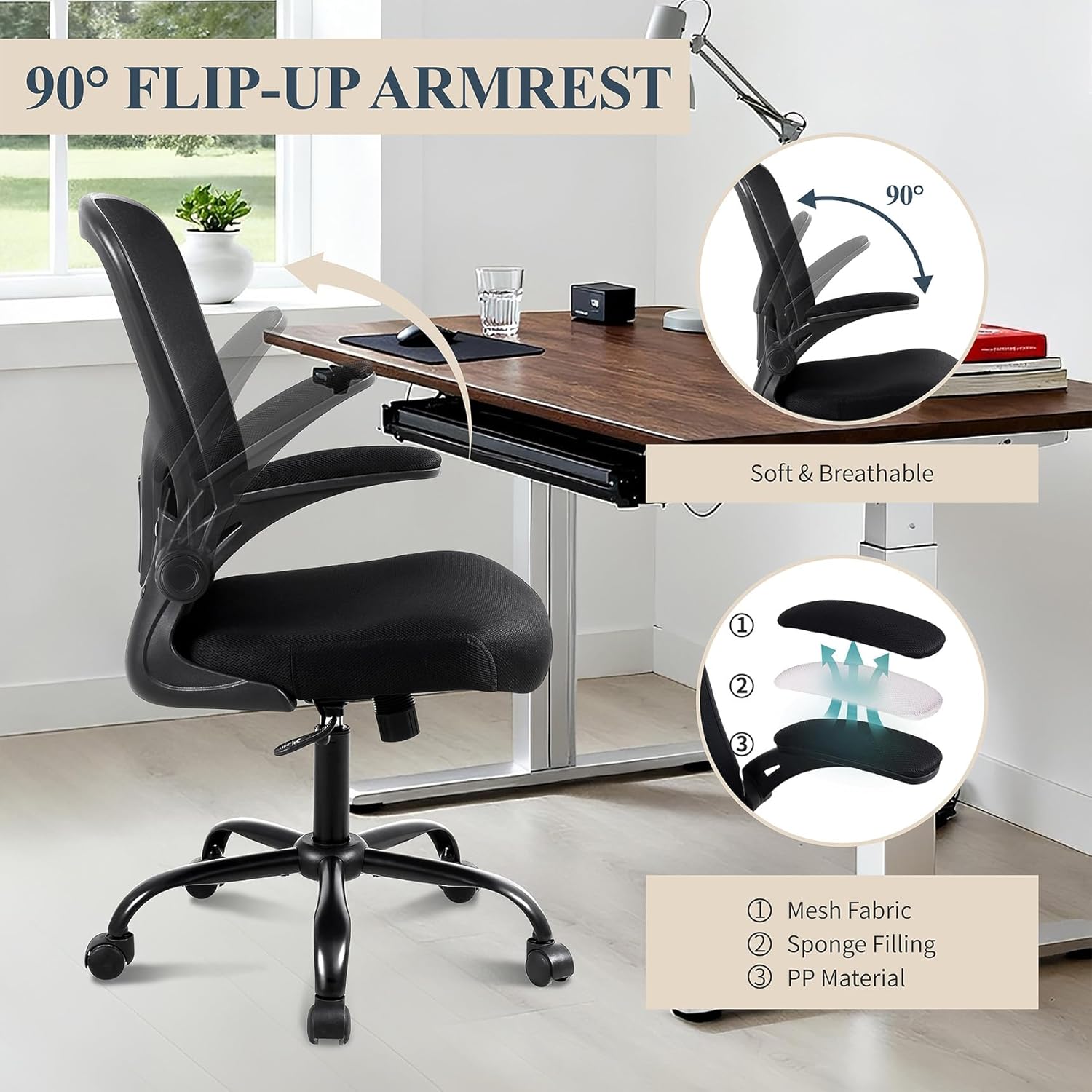 Flysky Ergonomic Home Office Desk Chair Set of 8 - Lumbar Back Support, Breathable Mesh Swivel Computer Task Chair with Wheels and Flip-up Arms, Height Adjustable, Black