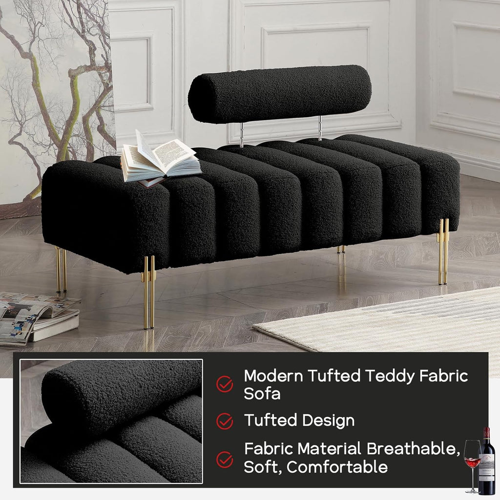 NIOIIKIT 53.2" Modern Loveseat Sofa Couch, Upholstered Accent Sofa with Golden Legs and Adjustable Backrest, Small Teddy Fleece Couches for Bedroom, Living Room, Compact Small Space (Black Teddy)