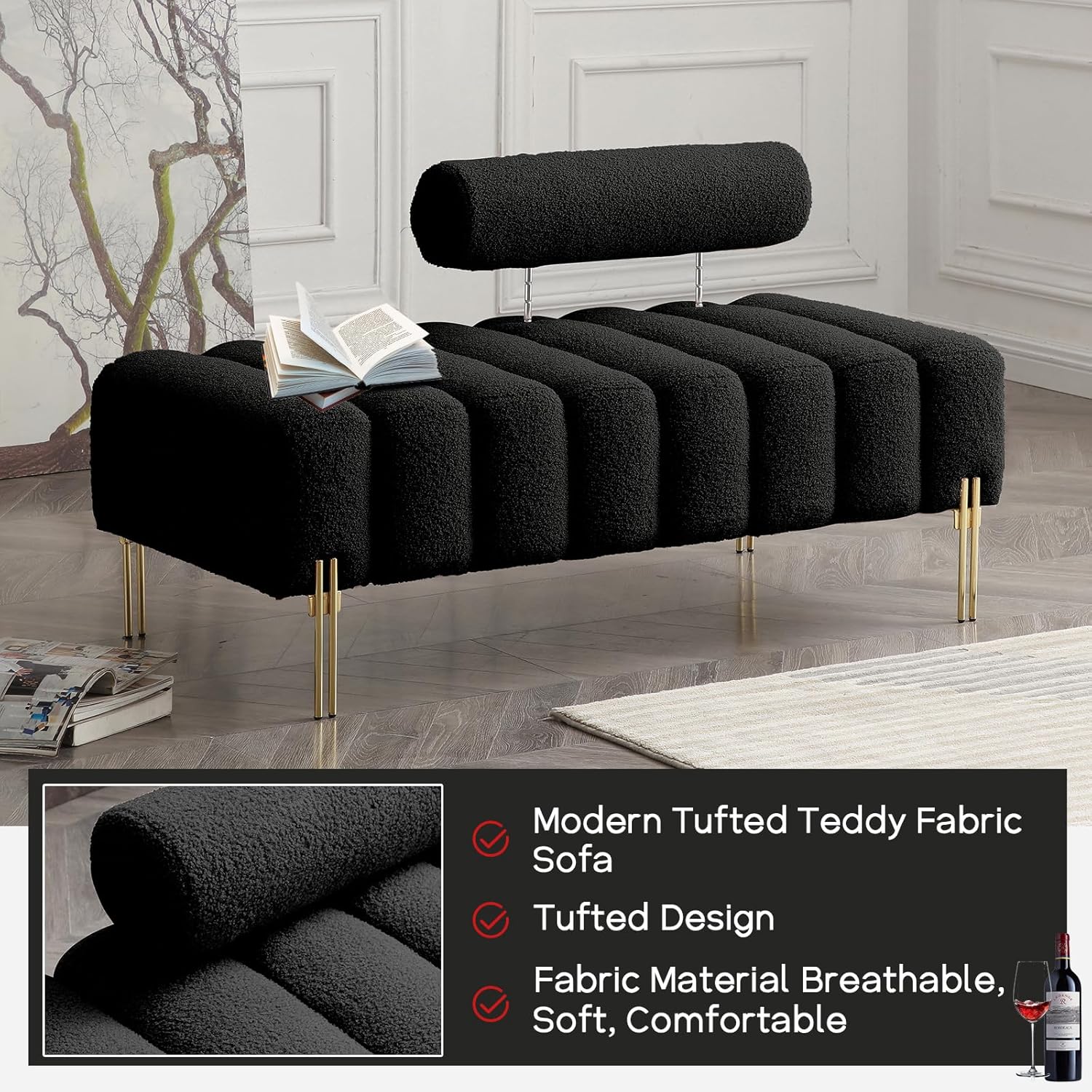 NIOIIKIT 53.2" Modern Loveseat Sofa Couch, Upholstered Accent Sofa with Golden Legs and Adjustable Backrest, Small Teddy Fleece Couches for Bedroom, Living Room, Compact Small Space (Black Teddy)