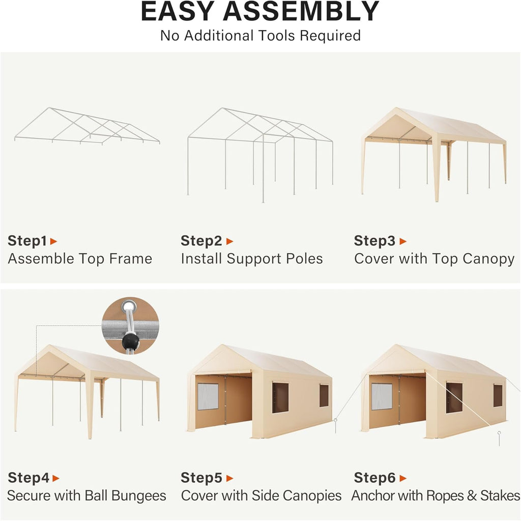 LAUSAINT HOME 10x20FT Carport, Heavy Duty Car Canopy with Roll-up Windows, Garage Storage Tent Shelter with Removable Sidewalls & Doors, for Boat, Car, Truck, Khaki