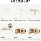 LAUSAINT HOME 10x20FT Carport, Heavy Duty Car Canopy with Roll-up Windows, Garage Storage Tent Shelter with Removable Sidewalls & Doors, for Boat, Car, Truck, Khaki