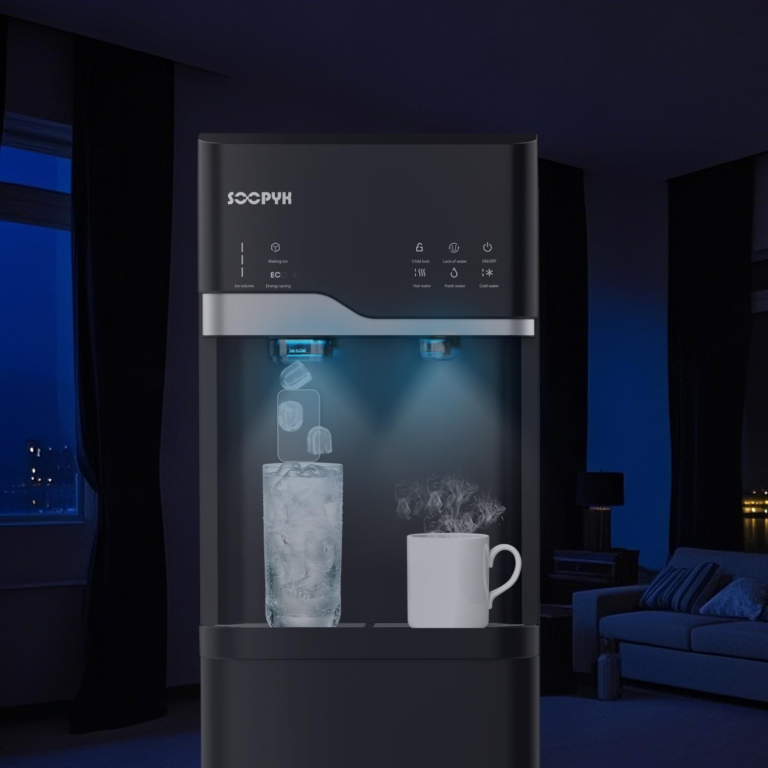 Self Clean Water Cooler Dispenser and Ice Maker Bottom Loading for 5 Gallon 3 Temperature Settings 22lbs Daily Capacity Ice Full Alert Night Light Black