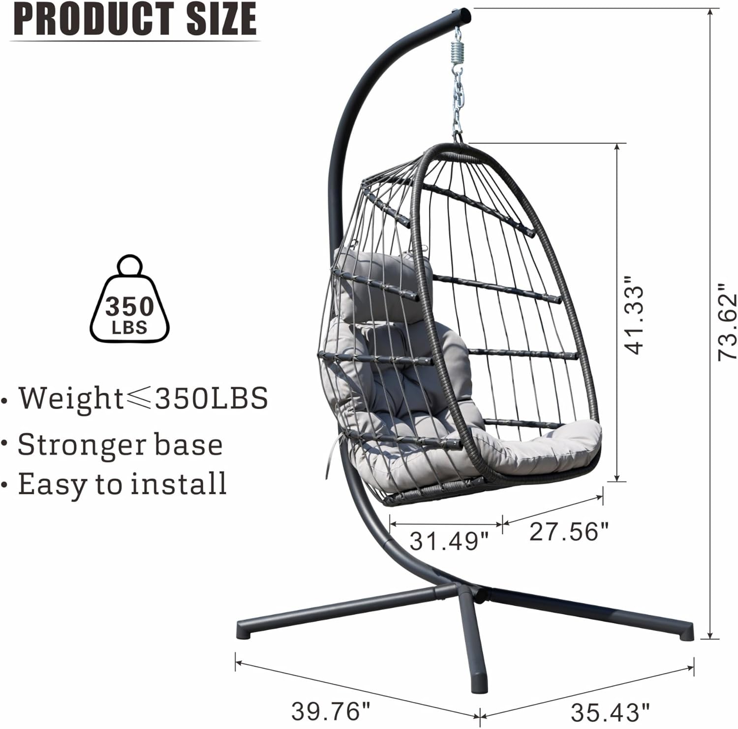 HWB Hanging Egg Chair with Stand, Patio Wicker Egg Swing Chair with Cushion for Bedroom Garden Indoor Outdoor (Grey)