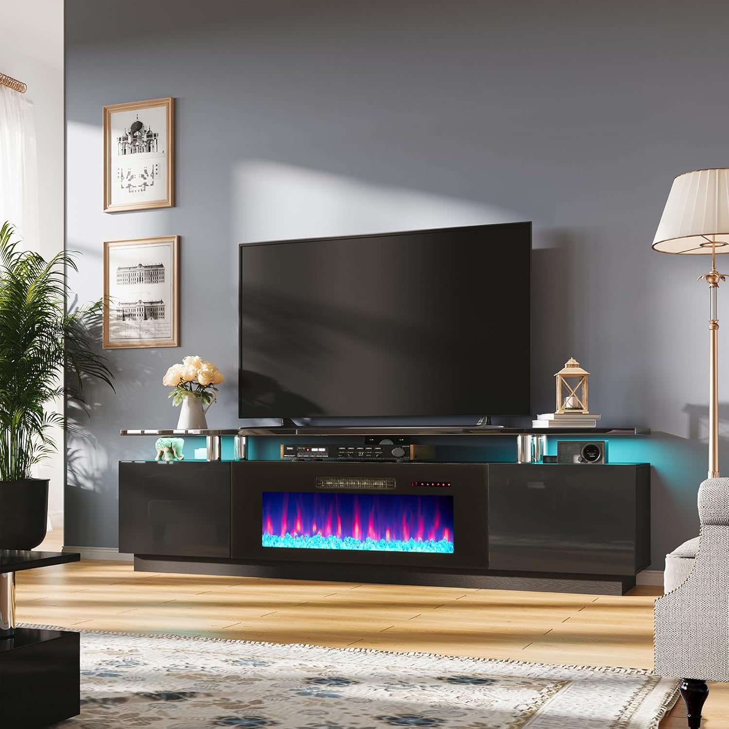 AMERLIFE Fireplace TV Stand with 40" Fireplace, 80" Modern Fireplace Entertainment Center LED Lights, 2 Tier TV Console Cabinet for TVs Up to 90", Obsidian Black