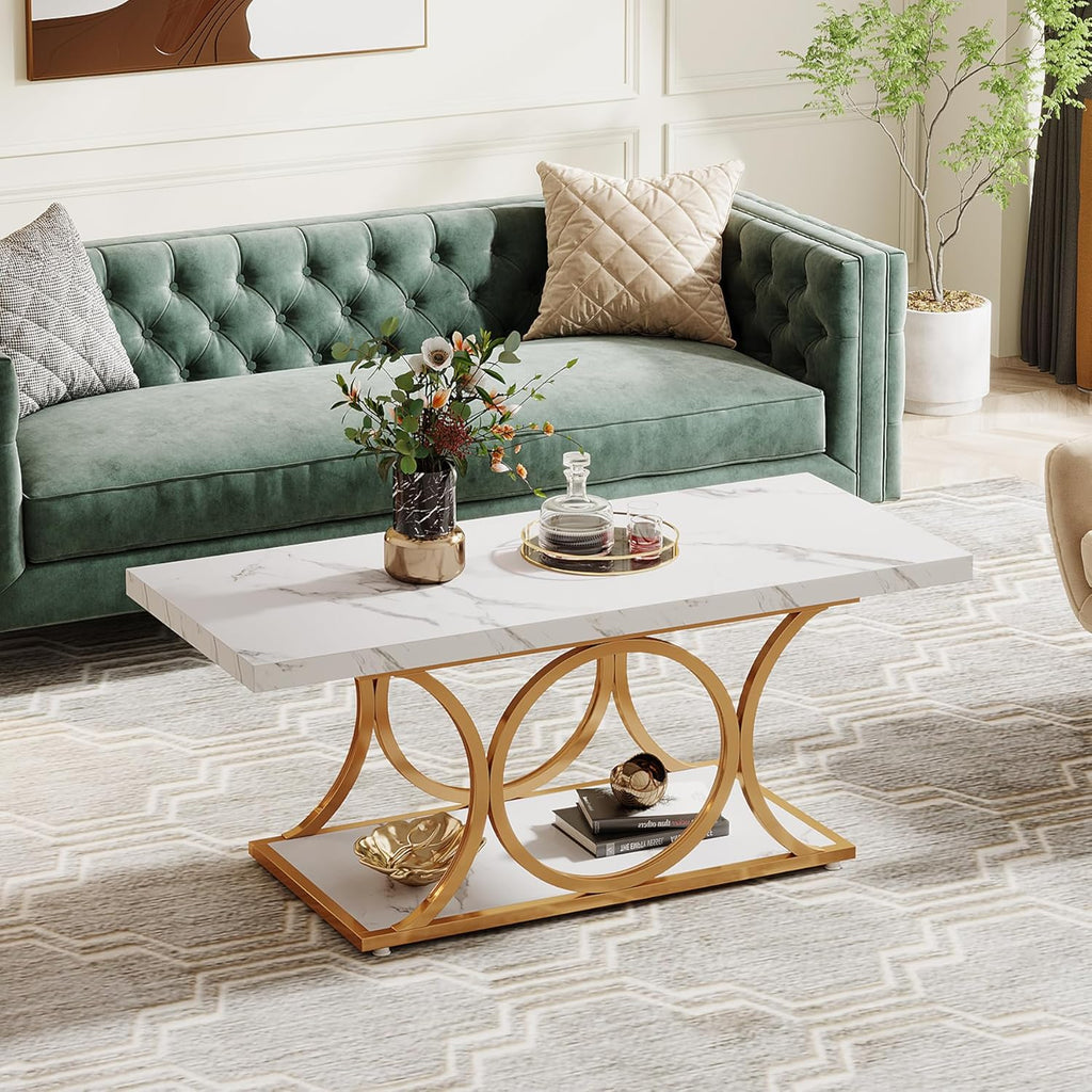 Tribesigns 46.45” Rectangle Coffee Table, Modern Coffee Tables for Living Room, 2-Tier Faux Marble Wood Coffee Table with Geometric Legs, Furniture with Storage Shelf (White & Gold)