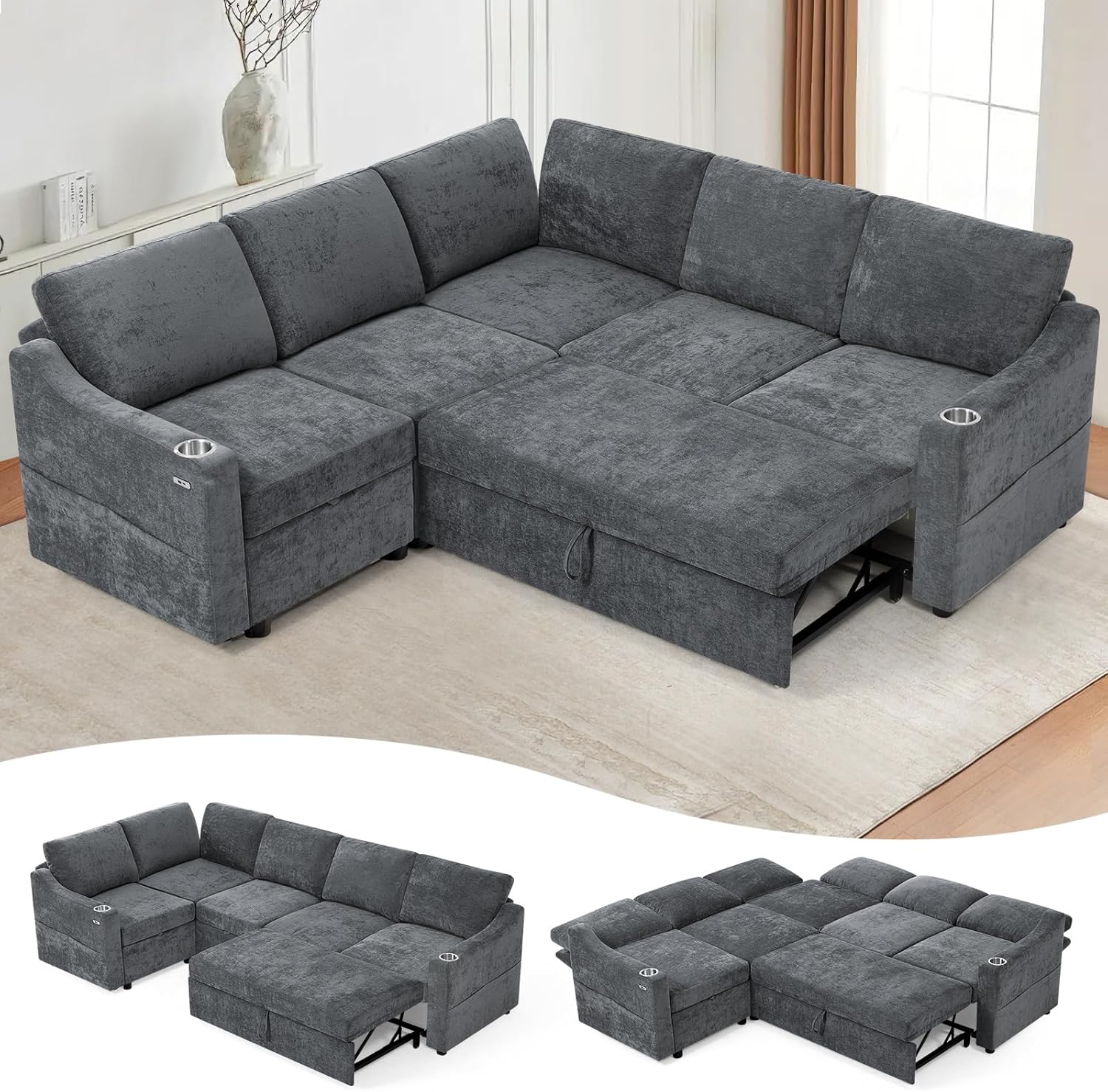 84" Chenille Modular Sofa Bed w/Adjustable Backrests, L-Shape Sleeper Sofa w/USB Ports & Storage Space, Convertible Corner Sectional Couch w/Pull Out Bed for House, Living Room, Grey