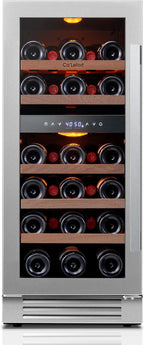 Ca'Lefort 15 Inch Wine Fridge & Cooler - Dual Zone 28 Bottles Wine Cooler with Glass Door, Small Wine Refrigerator with 3 LED Light Built-in for Home Bar Kitchen Left-Hinged Door (3.0 cu.ft)