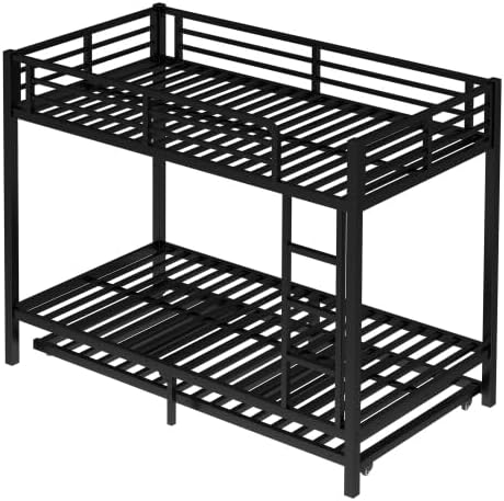 Metal Bunk Bed Twin XL over Twin XL with Trundle for 3 Kids/Teens/Adults, Heavy-duty Metal Bunk Bed Frame with Ladder & Safety Guardrail, Space-saving Design for Bedroom/Kidsroom/Dorm, Black