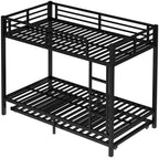 Metal Bunk Bed Twin XL over Twin XL with Trundle for 3 Kids/Teens/Adults, Heavy-duty Metal Bunk Bed Frame with Ladder & Safety Guardrail, Space-saving Design for Bedroom/Kidsroom/Dorm, Black