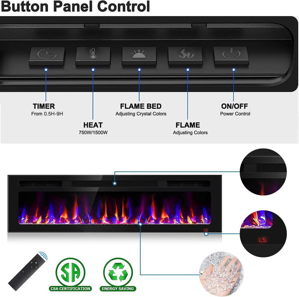 60 Inch Electric Fireplace Recessed and Wall Mounted, Fireplace Heater and Linear Fireplace, Ultra-Thin Electric Fireplace, Low Noise, with Timer, Remote Control, Adjustable 12 Flame Color, 750/1500W
