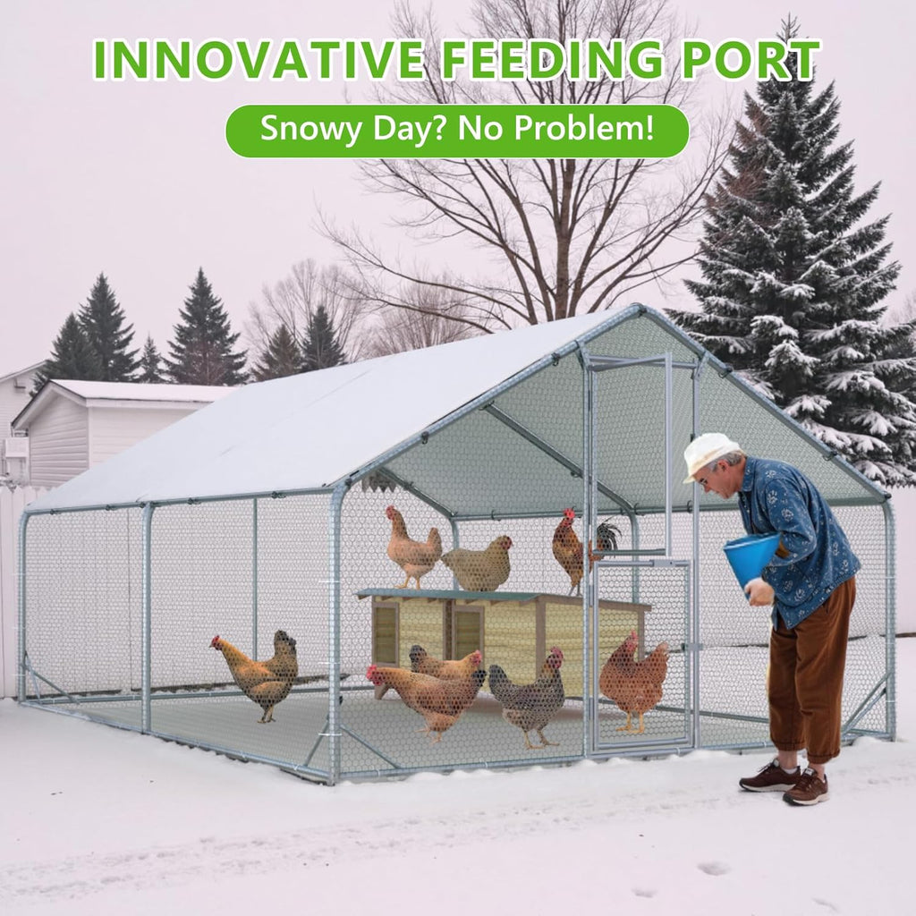 Large Chicken Coop Metal Chicken Run for Yard with Feeding Door
