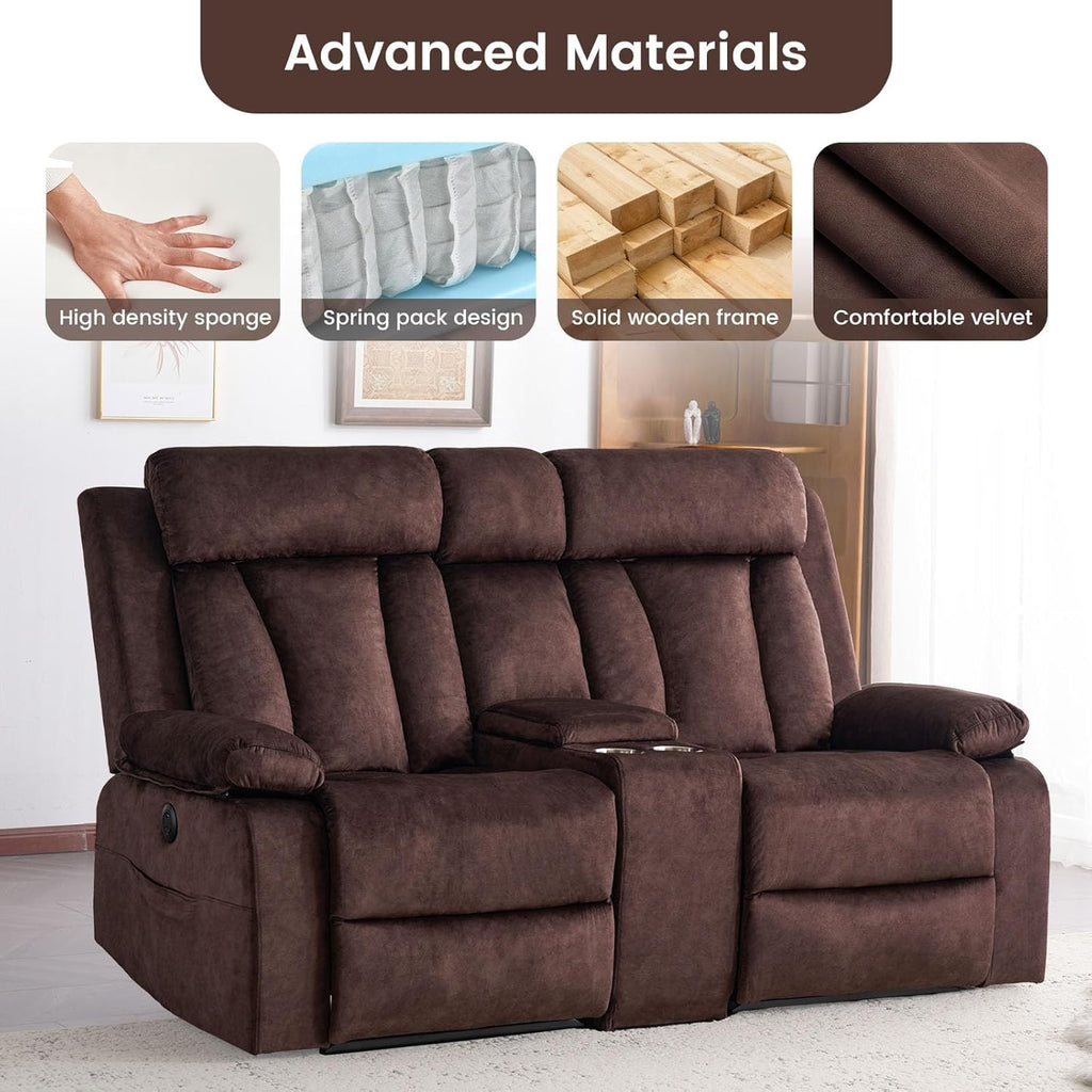 Power Reclining Loveseat with Console, Electric Double Recliner with USB/Type C/Side Pocket/Cup Holders, RV Recliners Wall Hugger Reclining Loveseat for Living Room & RV & Home Theater
