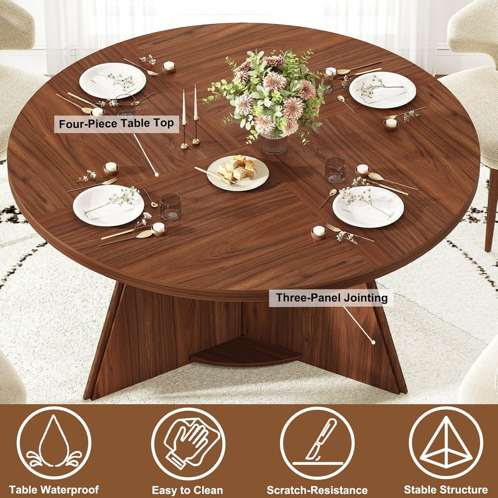 LVB Round Dining Table for 4-6, Mid Century Modern Walnut Circle Dinner Table, Brown Wood Pedestal Kitchen Table with Wooden Base for Dining Room, Kitchen, Living Room, 43 inch