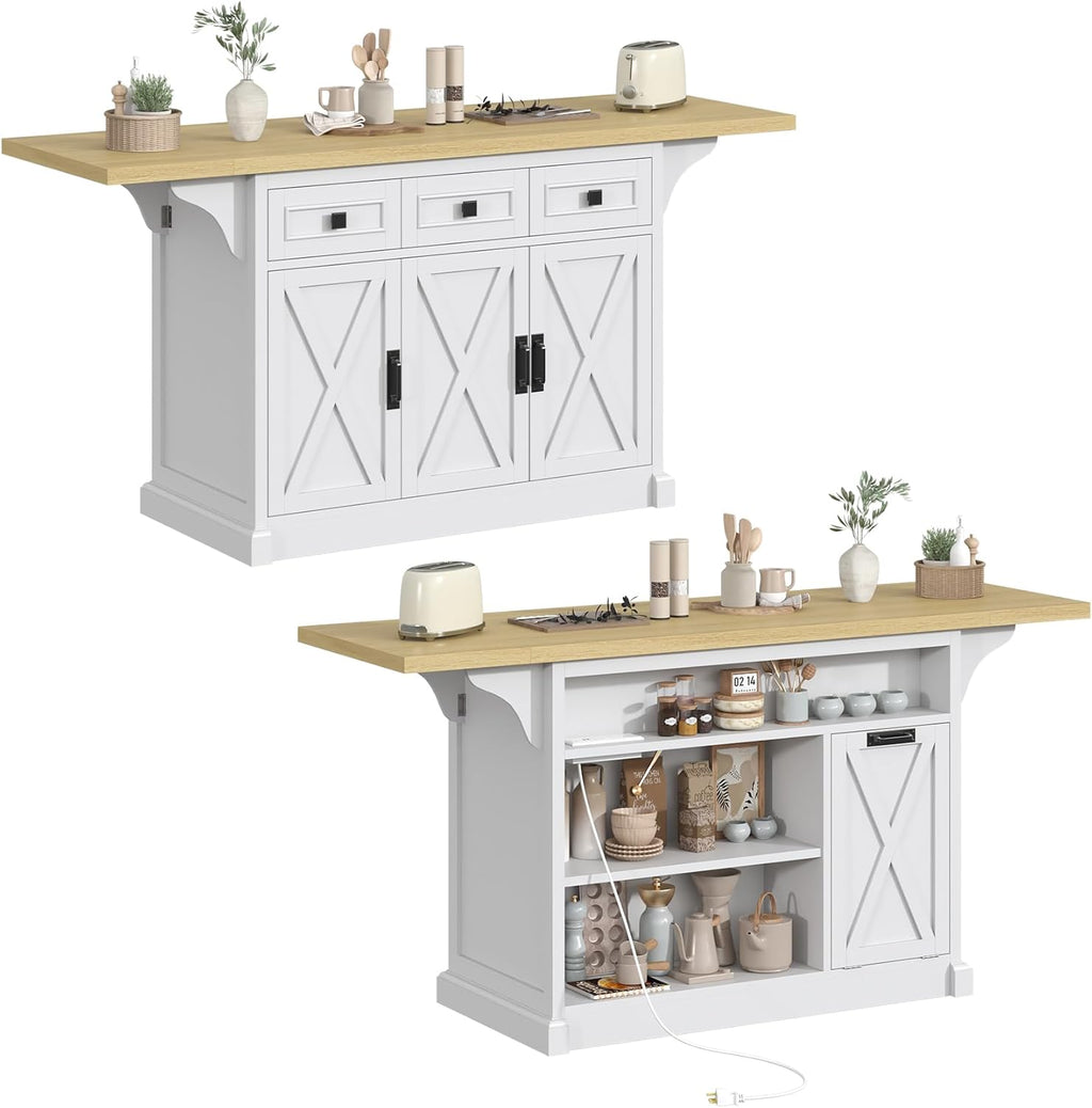 Bigbiglife 71.3" Large Kitchen Island with Drop Leaf, Power Outlet, Kitchen Island Cart w/ 3 Solid Drawers, Island Table with Trash Storage Cabinet & 3 Large Storage Rack, Spice Rack, White