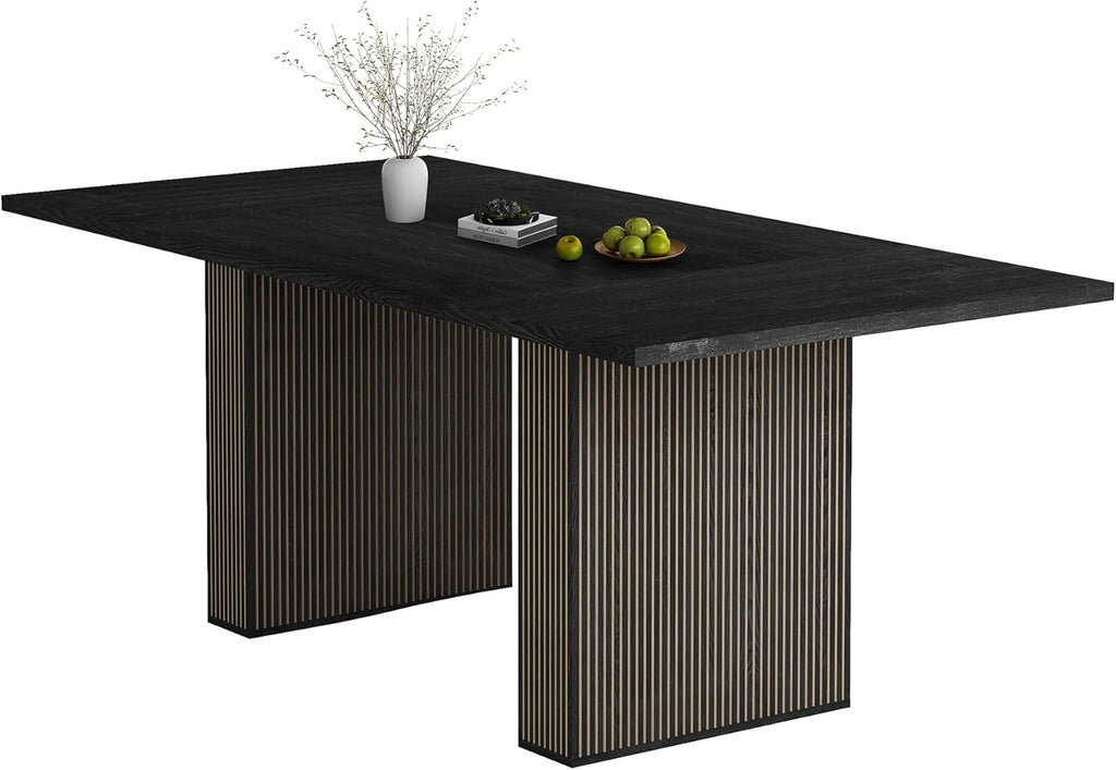 78 Inch Rectangular Dining Table for 6 to 10, Farmhouse Fluted Dining Kitchen Table, Modern Wood Long Dining Table for Kitchen Living Room, Black