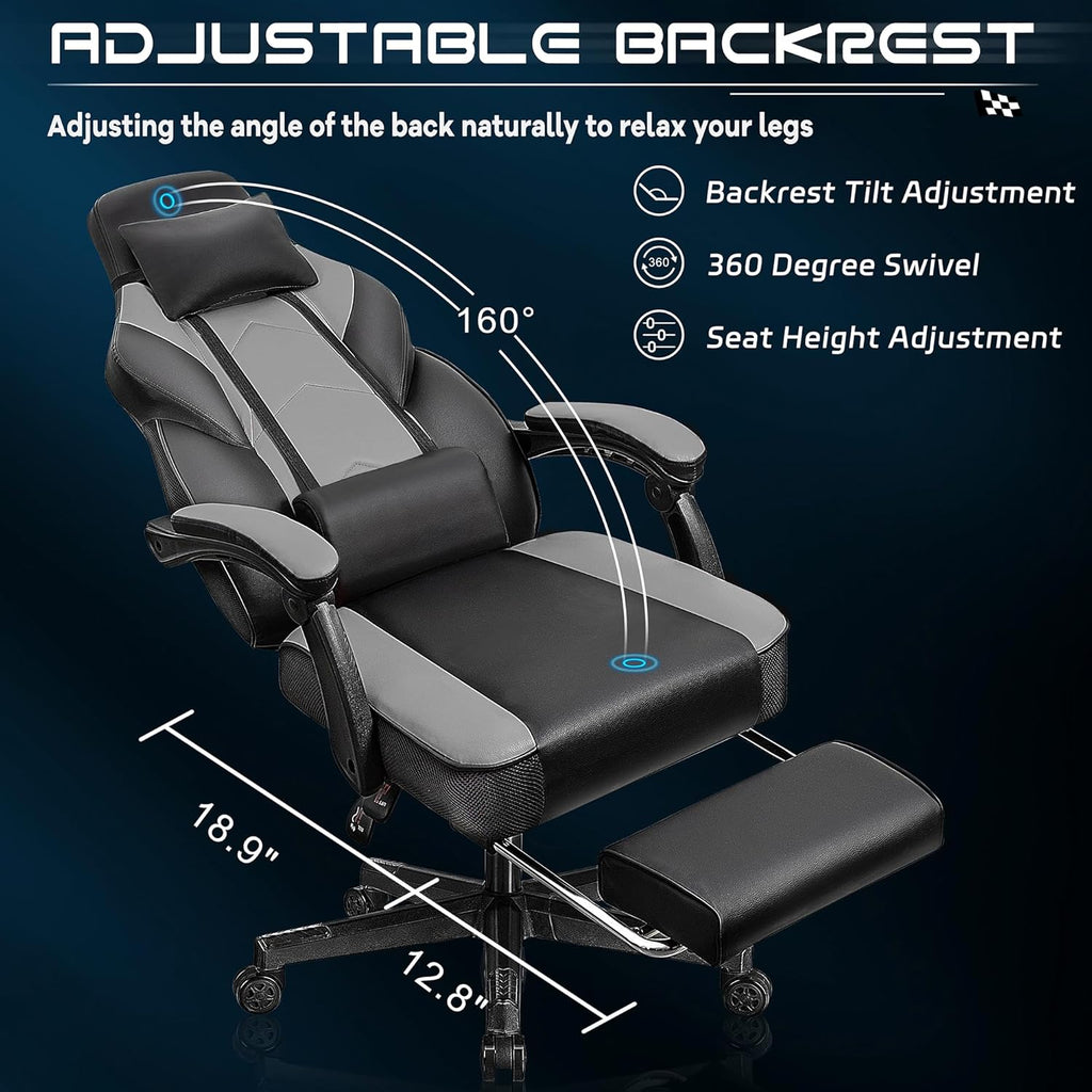 Meilocar Gaming Chair for Adult, Computer Chair with Footrest Video Game Chair Big and Tall Gaming Chair with Massage Lumbar Support, Adjustable Height and 360° Swivel Seat(Grey)