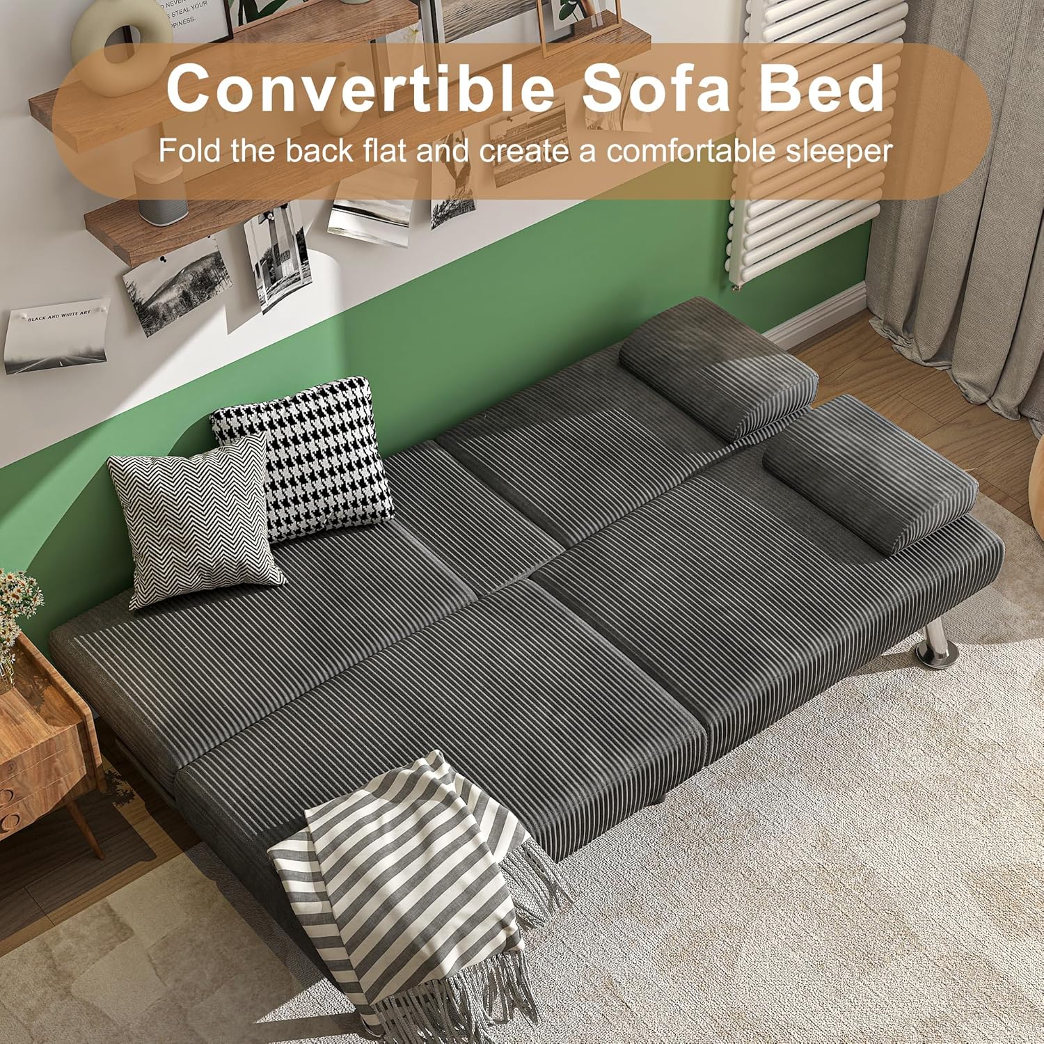 Shahoo Modern Upholstered Convertible Folding Futon Sofa Bed with Removable Armrests, Metal Legs, 2 Cup Holders for Living Room, Grey