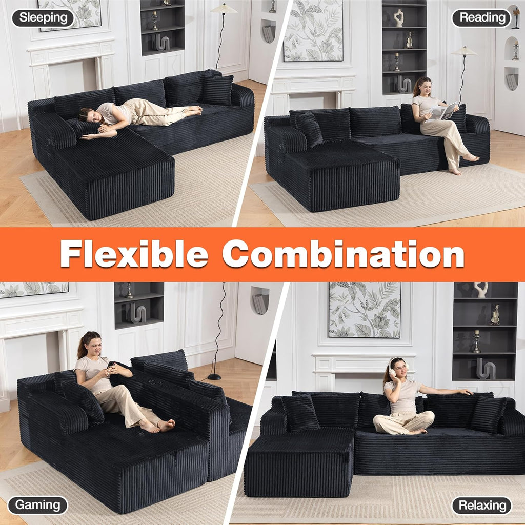 106” Cloud Modular Sectional Sofa with L-Shape Chaise and Deep Seat, Corduroy Memory Foam Boneless Compressed Couch for Living Room, No Assembly Required(Left Facing Chaise, Dark Grey)