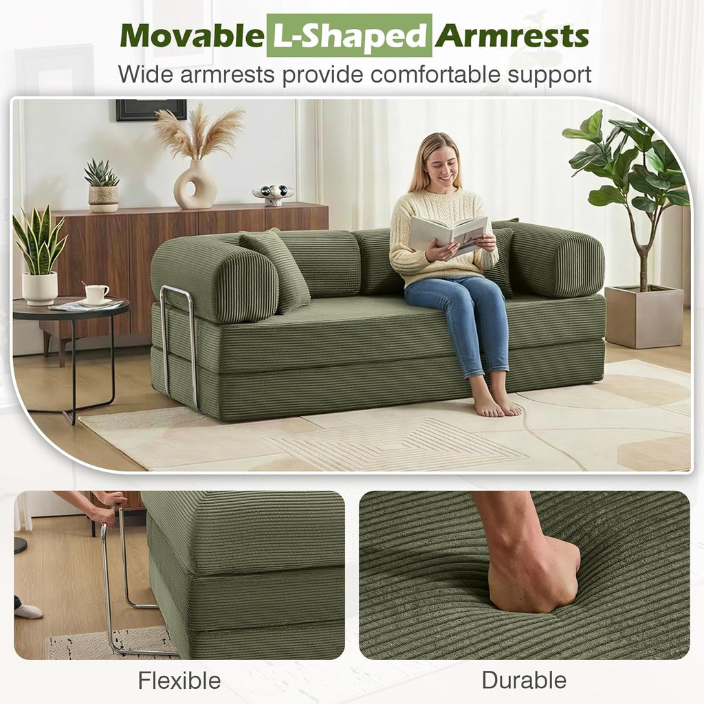 Sofa Bed, 79" Convertible Sleeper Sofa with Pull Out Bed, 5-in-1 Folding Corduroy Futon Couch, Modular Loveseat Sofa Bed for Living Room, Bedroom & Apartment, Green