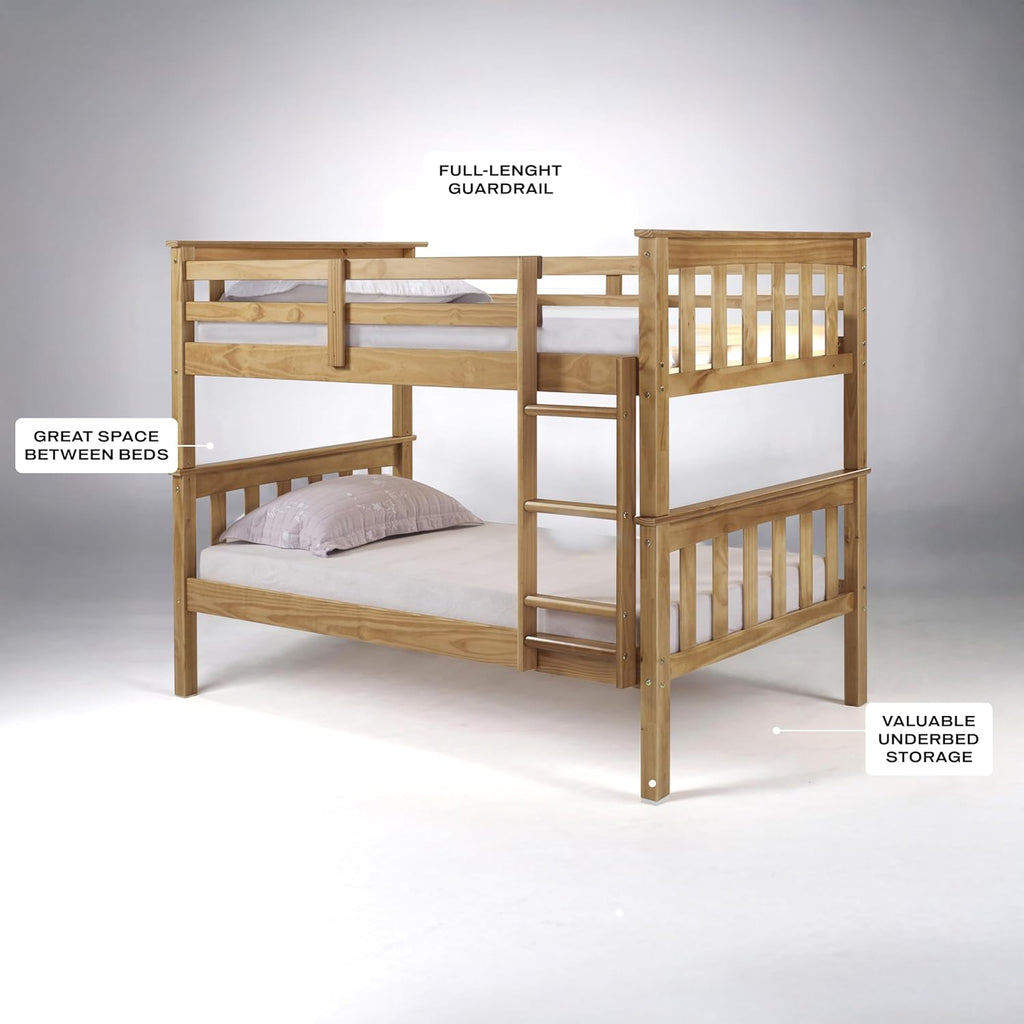 Solid Wood Twin Over Twin Bunk Bed with Ladder and Safety Rails – Durable Pine Wood Kids Bed Frame, Available in White, Grey, and Honey Finishes