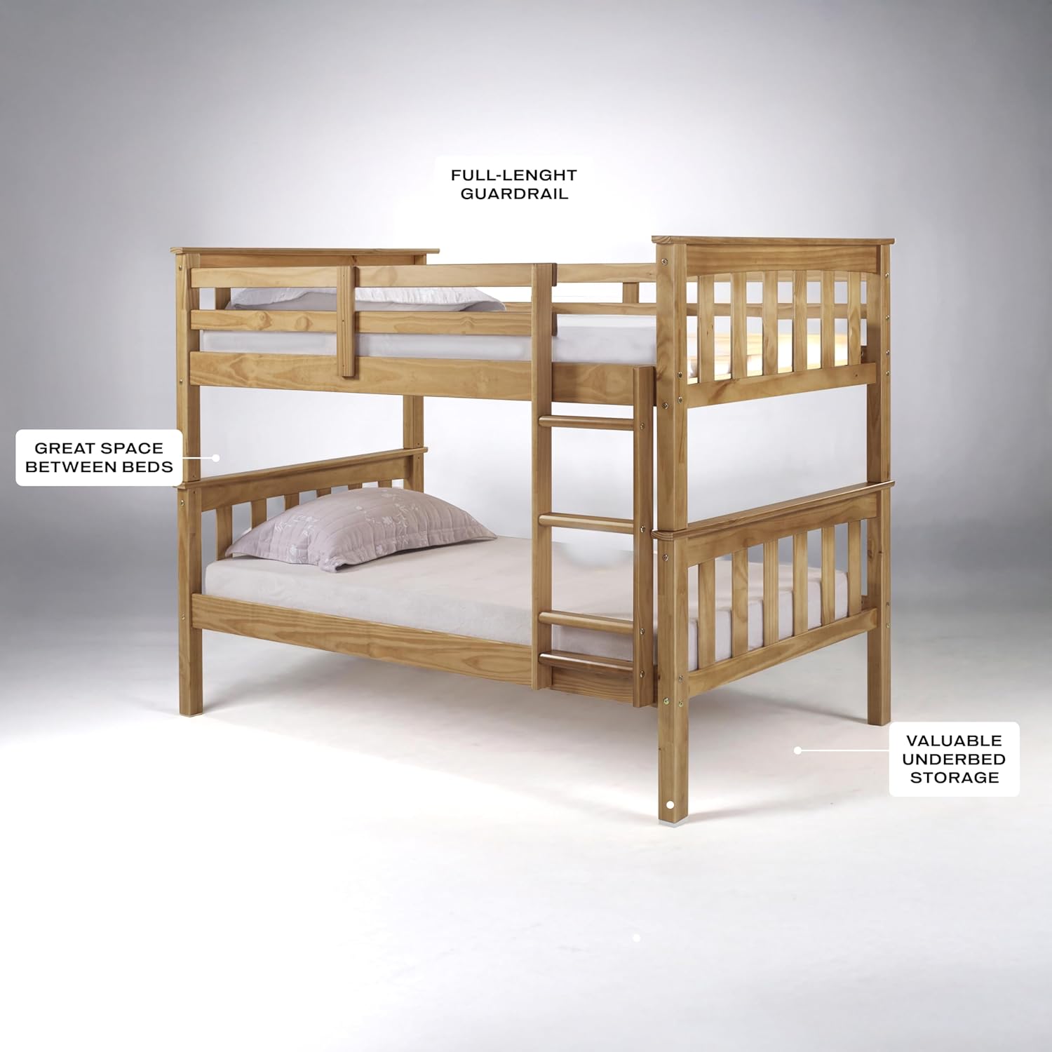 Solid Wood Twin Over Twin Bunk Bed with Ladder and Safety Rails – Durable Pine Wood Kids Bed Frame, Available in White, Grey, and Honey Finishes