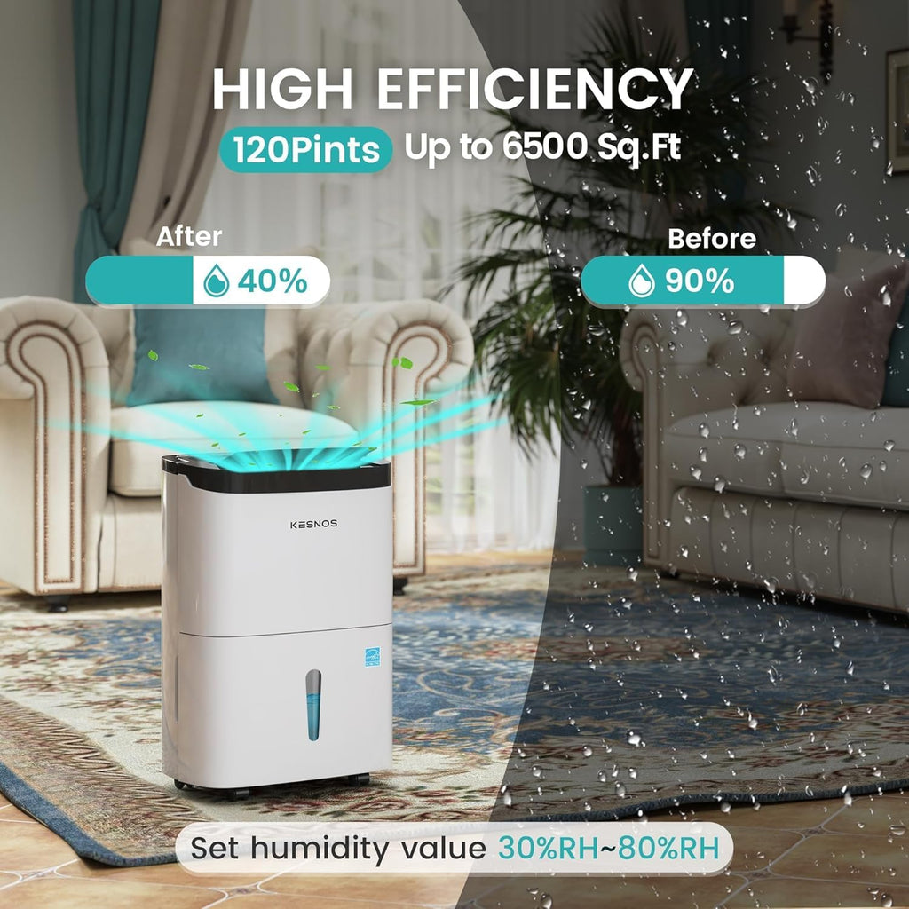 Kesnos 120 Pints 2025 Energy Star Dehumidifier for Home and Basement with Drain Hose, Ideal for Large Spaces Up to 6,500 Sq. Ft., Auto Defrost and Self Drying