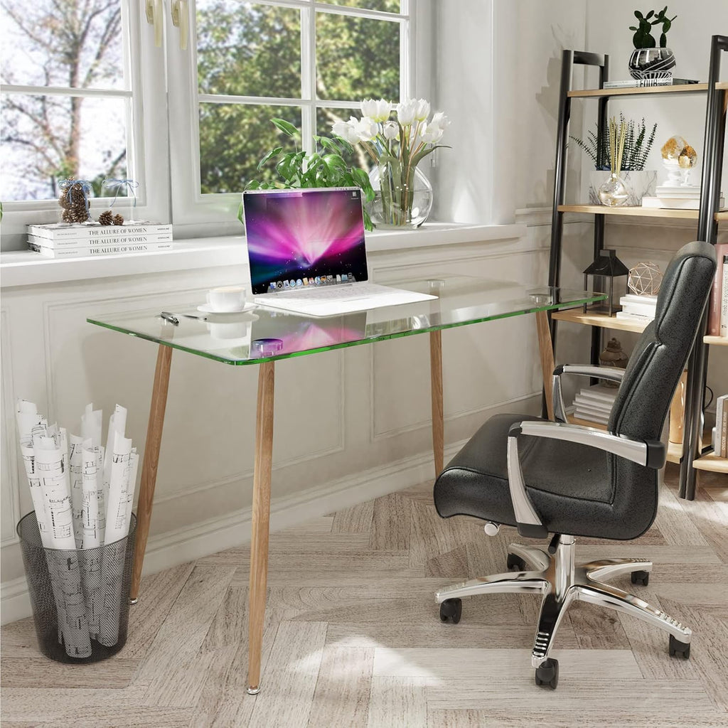 Tangkula Glass Dining Table, Modern Rectangular Table with Tempered Glass & Black Steel Legs, Simplistic Kitchen Versatile Table for Home Office